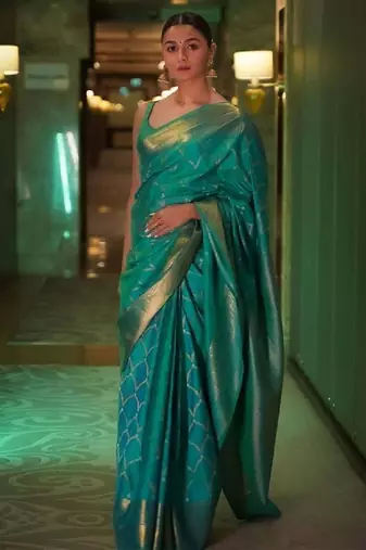 Sea green silk blend banarasi saree with unstitched blouse piece