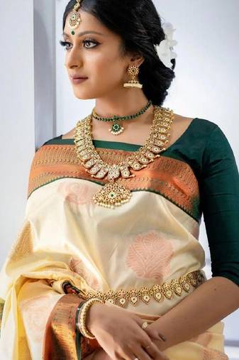 Cream green soft silk blend banarasi jacuard work designer party wear saree with unstitched blouse piece