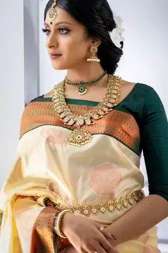 Cream green soft silk blend banarasi jacuard work designer party wear saree with unstitched blouse piece