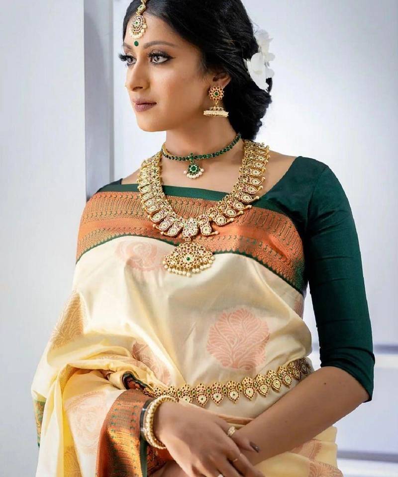 Cream green soft silk blend banarasi jacuard work designer party wear saree with unstitched blouse piece