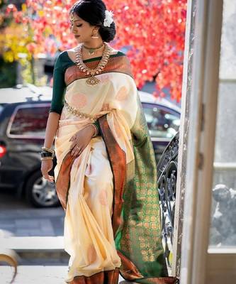 Cream green silk blend banarasi saree with unstitched blouse piece 2