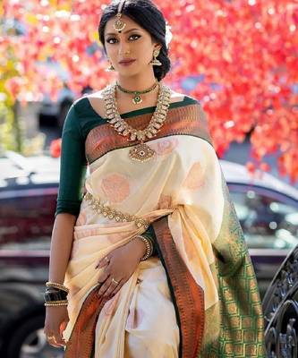 Cream green silk blend banarasi saree with unstitched blouse piece 3