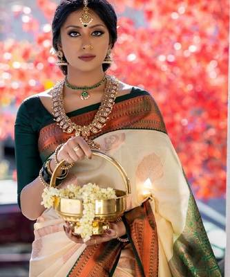 Cream green silk blend banarasi saree with unstitched blouse piece 4