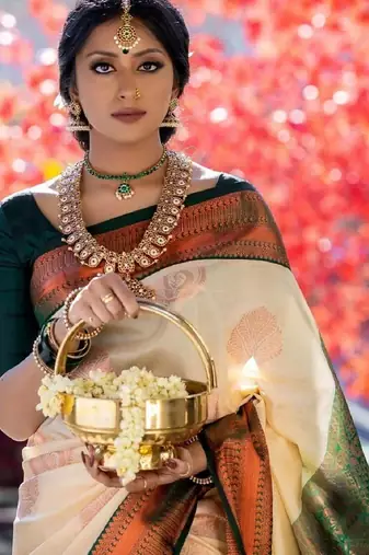 Cream green silk blend banarasi saree with unstitched blouse piece