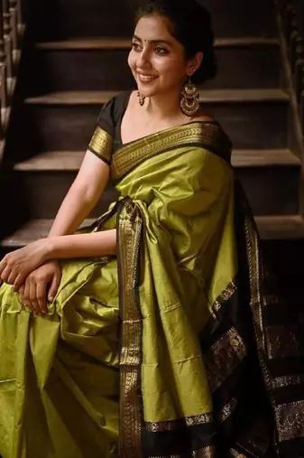 Parrot green soft silk blend banarasi jacuard work designer party wear saree with unstitched blouse piece
