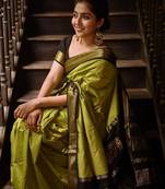 Parrot green soft silk blend banarasi jacuard work designer party wear saree with unstitched blouse piece