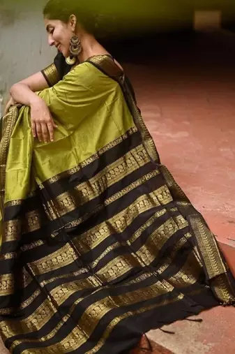 Parrot green silk blend banarasi saree with unstitched blouse piece