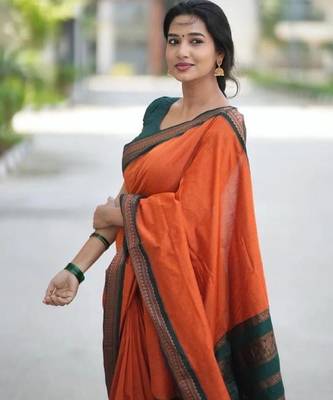 Orange green silk blend banarasi saree with unstitched blouse piece 1