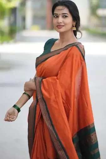 Orange green soft silk blend banarasi jacuard work designer party wear saree with unstitched blouse piece