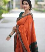 Orange green silk blend banarasi saree with unstitched blouse piece