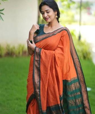 Orange green silk blend banarasi saree with unstitched blouse piece 2