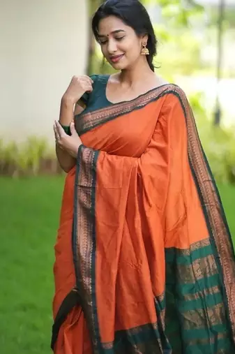 Orange green silk blend banarasi saree with unstitched blouse piece