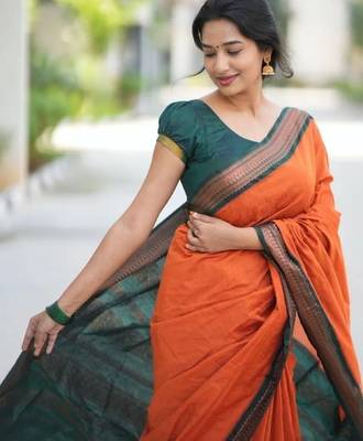 Orange green silk blend banarasi saree with unstitched blouse piece 3