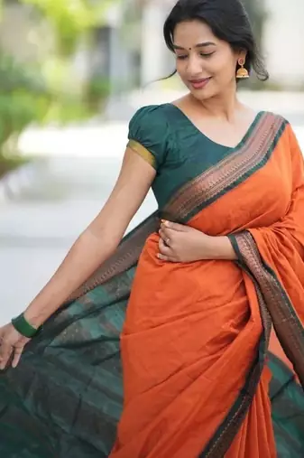 Orange green silk blend banarasi saree with unstitched blouse piece