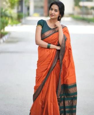 Orange green silk blend banarasi saree with unstitched blouse piece 4