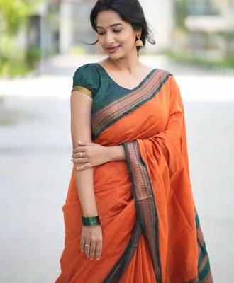 Orange green silk blend banarasi saree with unstitched blouse piece 5
