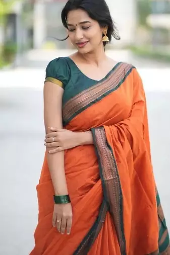 Orange green silk blend banarasi saree with unstitched blouse piece