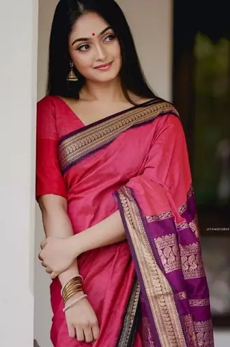 Rani pink soft silk blend banarasi jacuard work designer party wear saree with unstitched blouse piece