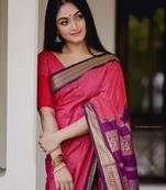 Rani pink silk blend banarasi saree with unstitched blouse piece