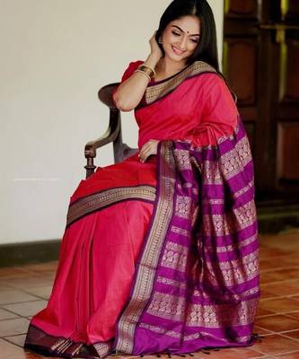 Rani pink silk blend banarasi saree with unstitched blouse piece 4