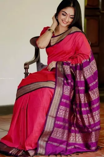 Rani pink silk blend banarasi saree with unstitched blouse piece