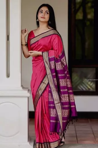 Rani pink silk blend banarasi saree with unstitched blouse piece
