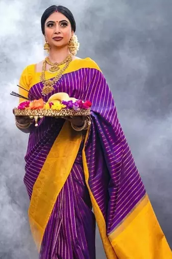 Purple mustard soft silk blend banarasi jacuard work designer party wear saree with unstitched blouse piece