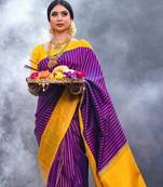 Purple mustard silk blend banarasi saree with unstitched blouse piece