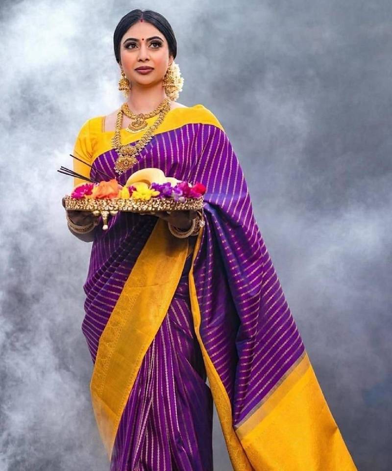 Purple mustard soft silk blend banarasi jacuard work designer party wear saree with unstitched blouse piece
