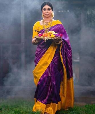 Purple mustard silk blend banarasi saree with unstitched blouse piece 2