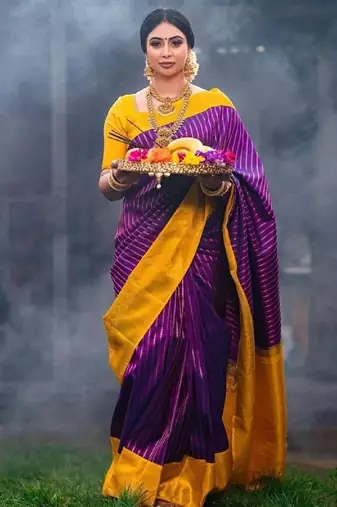 Purple mustard silk blend banarasi saree with unstitched blouse piece
