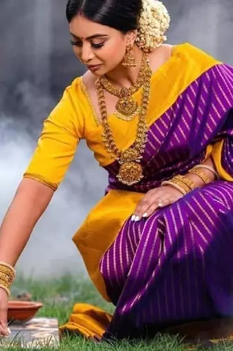 Purple mustard silk blend banarasi saree with unstitched blouse piece