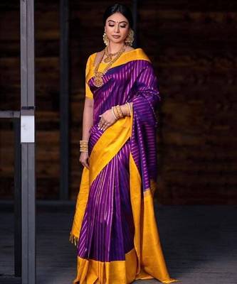 Purple mustard silk blend banarasi saree with unstitched blouse piece 4