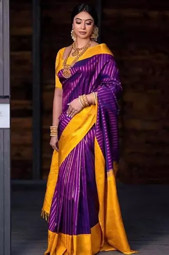 Purple mustard silk blend banarasi saree with unstitched blouse piece