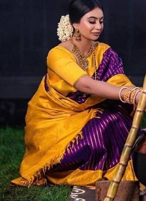 Purple mustard silk blend banarasi saree with unstitched blouse piece 5