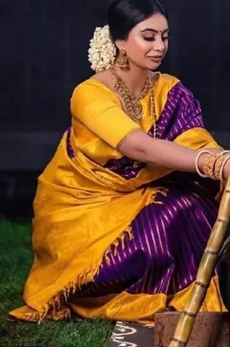Purple mustard silk blend banarasi saree with unstitched blouse piece