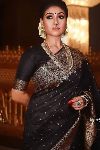 Black soft silk blend banarasi jacuard work designer party wear saree with unstitched blouse piece