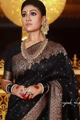 Black silk blend banarasi saree with unstitched blouse piece