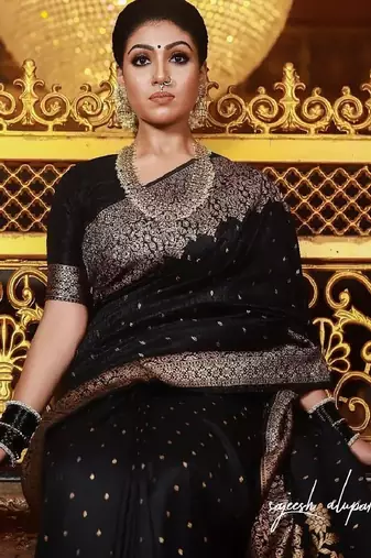 Black silk blend banarasi saree with unstitched blouse piece