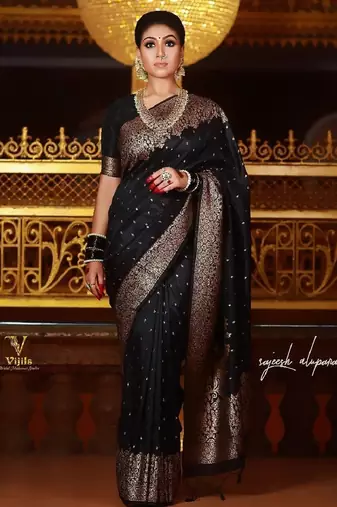 Black silk blend banarasi saree with unstitched blouse piece