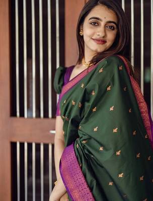 Green silk blend banarasi saree with unstitched blouse piece 2