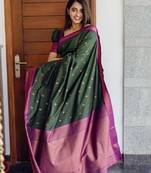 Green silk blend banarasi saree with unstitched blouse piece