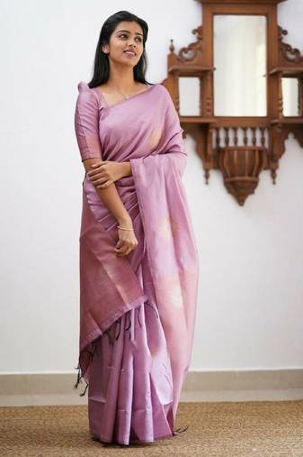 Baby pink soft silk blend banarasi jacuard work designer party wear saree with unstitched blouse piece