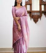 Baby pink silk blend banarasi saree with unstitched blouse piece