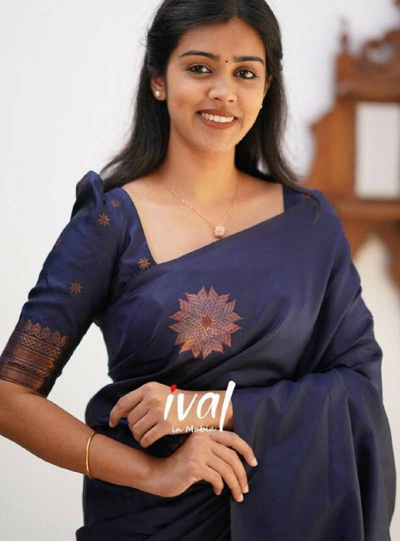 Blue soft silk blend banarasi jacuard work designer party wear saree with unstitched blouse piece