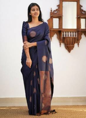 Blue silk blend banarasi saree with unstitched blouse piece 2