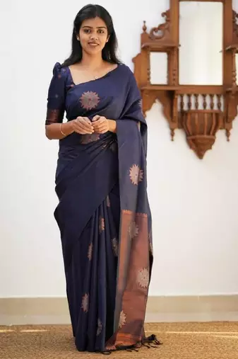 Blue silk blend banarasi saree with unstitched blouse piece