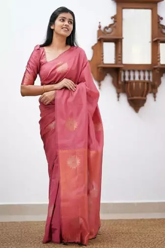 Peach silk blend banarasi saree with unstitched blouse piece