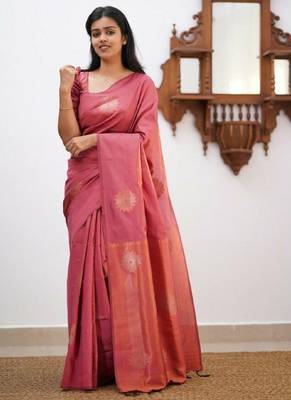 Peach silk blend banarasi saree with unstitched blouse piece 3