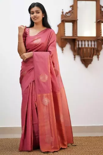 Peach silk blend banarasi saree with unstitched blouse piece